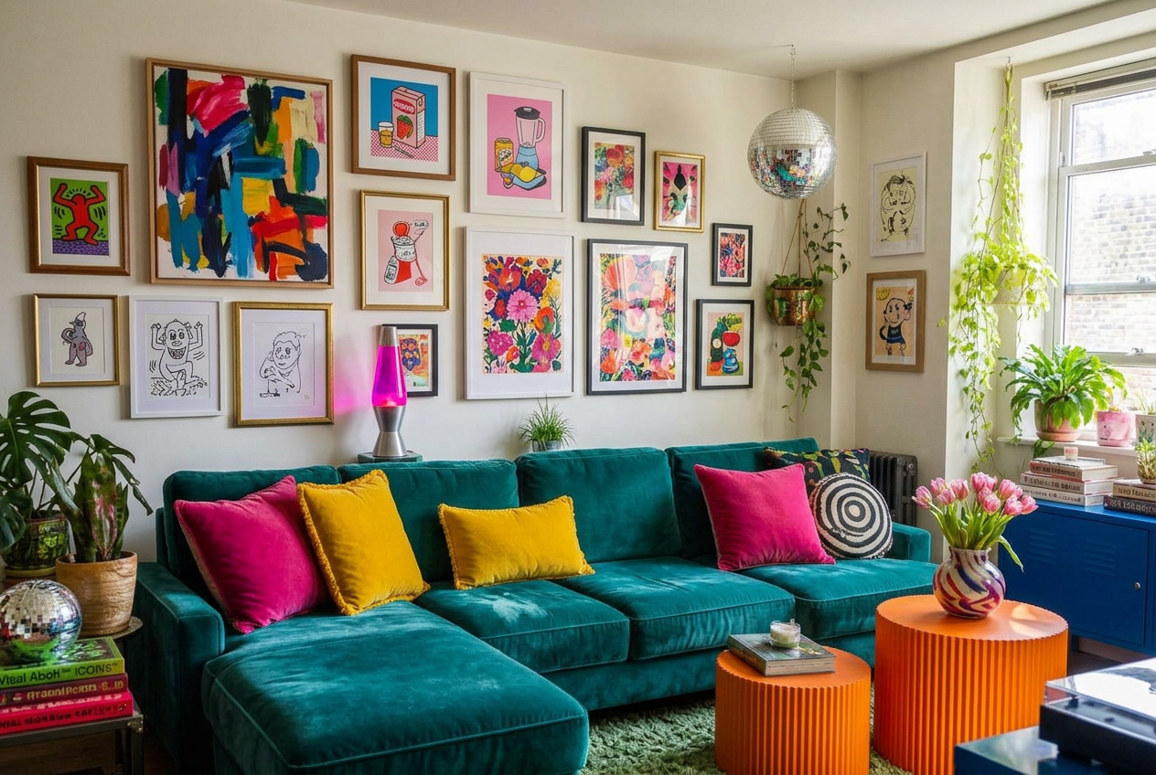 Maximalist Magpie style living room with a jewel-green velvet sofa, layered rugs and a full gallery wall