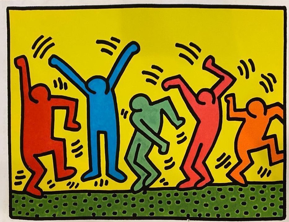 Colorful dancing figures in a Keith Haring style
