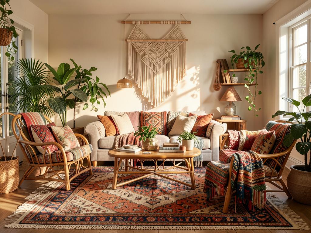 Bohemian living room with layered rugs, macrame and many plants