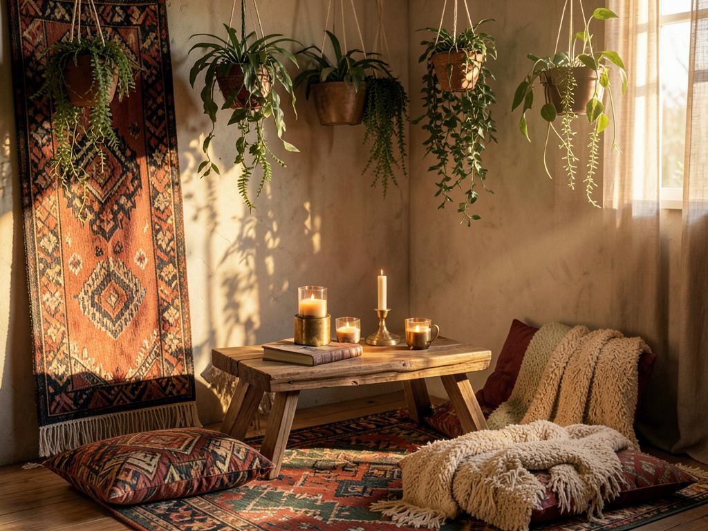 Bohemian floor-cushion corner with kilim rug and hanging plants