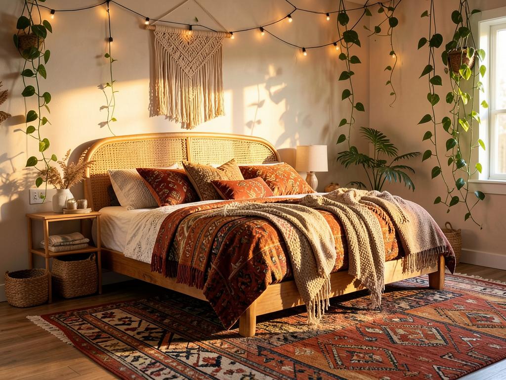 Bohemian bedroom with rattan headboard, layered rugs, plants and string lights