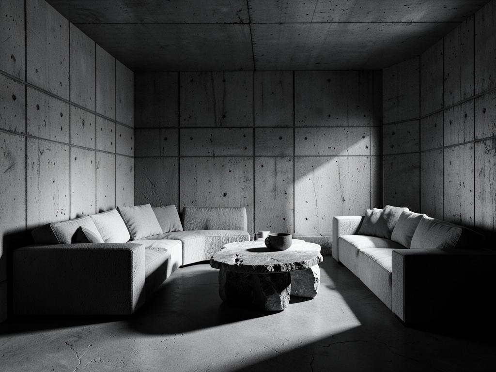 Brutalist interior with raw concrete walls and a stone table