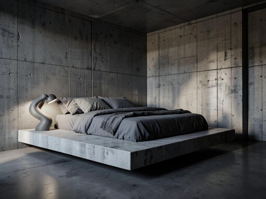 Brutalist bedroom with concrete walls and a low platform bed