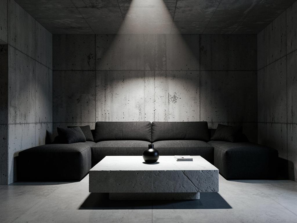 Brutalist living room with concrete walls, stone table and a single spotlight
