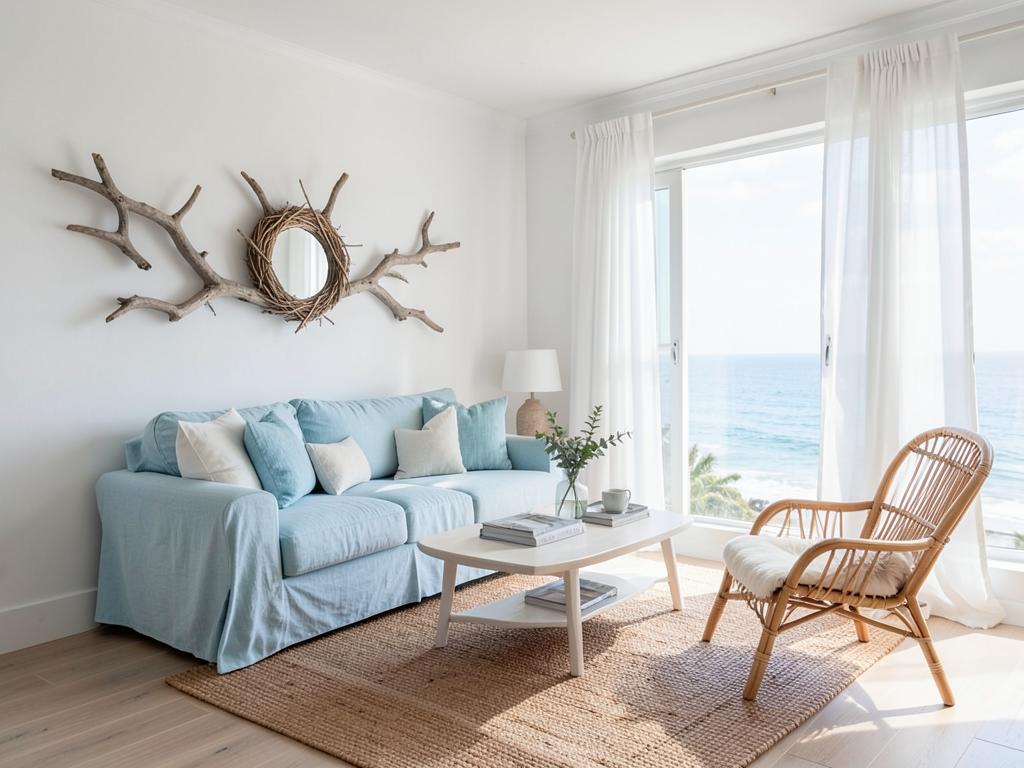 Coastal living room with soft blue sofa, jute rug and rattan chair