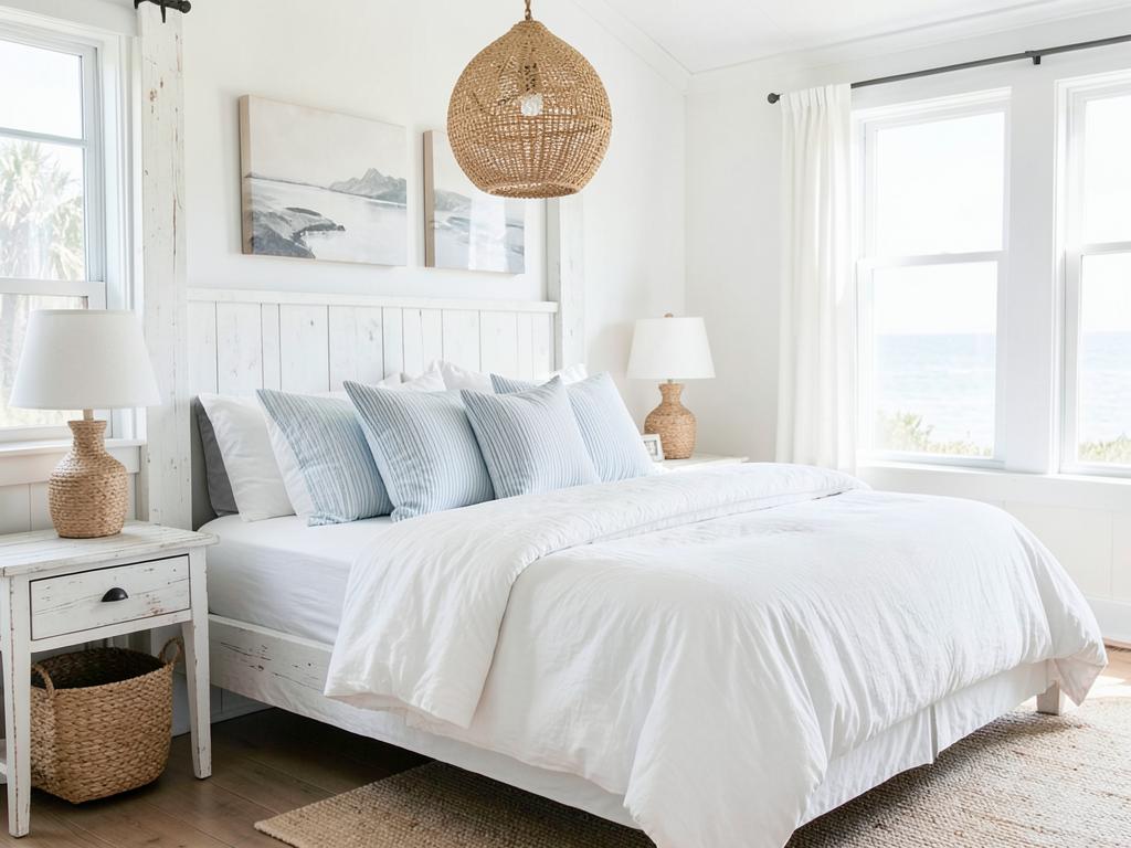 Coastal bedroom with white linens and woven pendant light