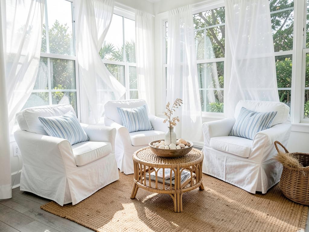 Coastal sunroom with white slipcovered chairs, rattan table and sheer curtains