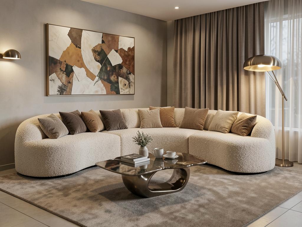 Contemporary living room with curved boucle sofa and abstract art