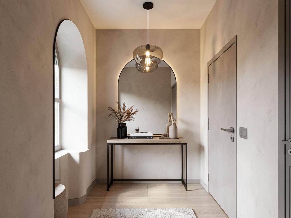 Contemporary hallway with arched mirror and plaster walls