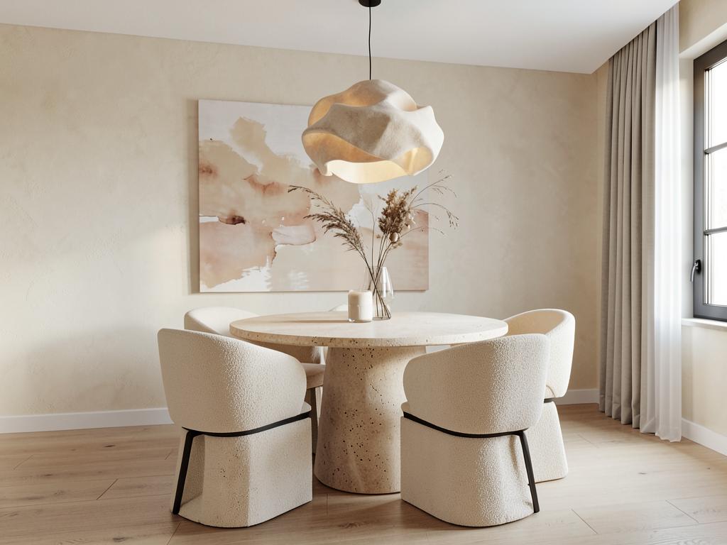 Contemporary dining area with travertine table and curved boucle chairs