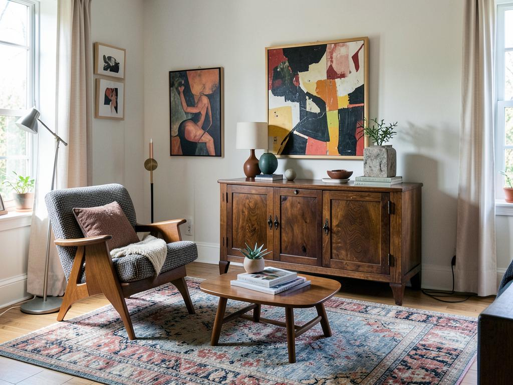 Eclectic living room mixing a mid century chair, antique cabinet and modern art
