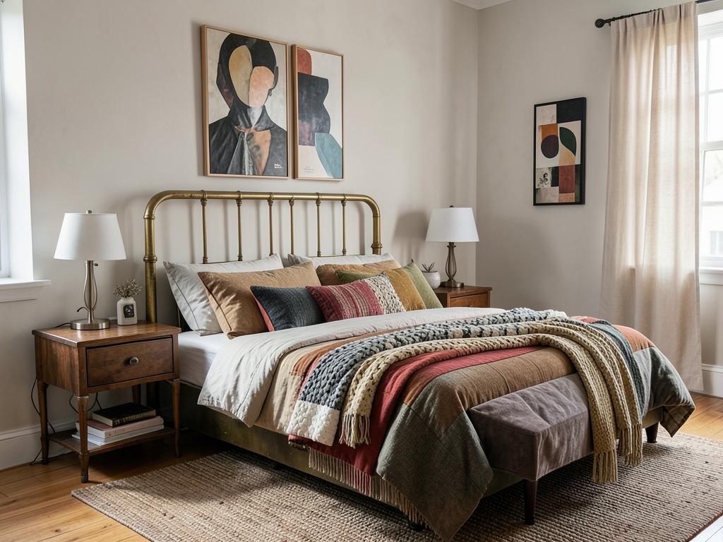 Eclectic bedroom with vintage brass bed and contemporary art