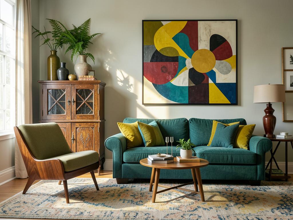 Eclectic living room with teal sofa, antique cabinet and bold abstract art