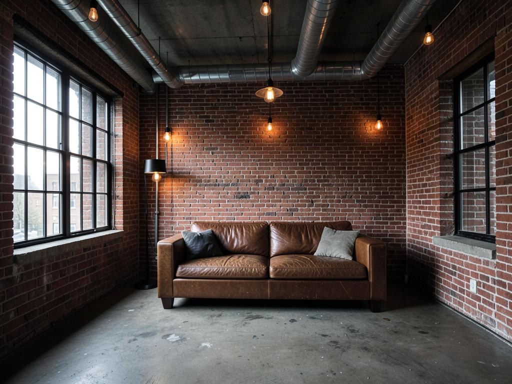 Industrial loft with exposed brick, concrete floor and leather sofa
