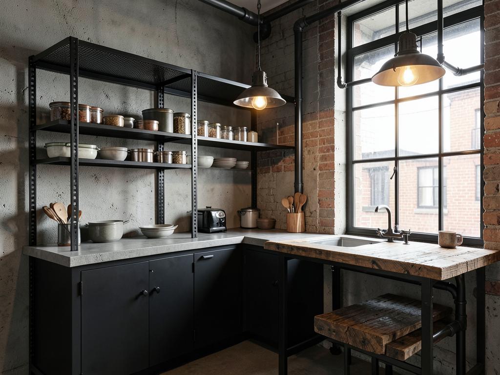 Industrial kitchen with black steel shelving and factory pendants
