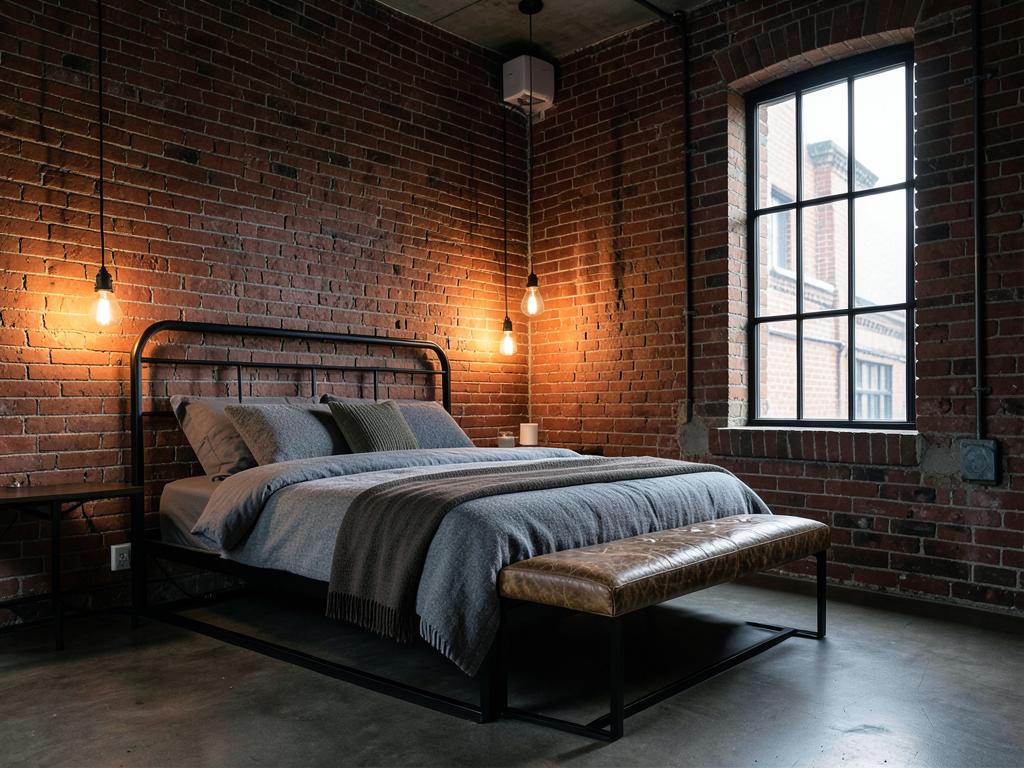 Industrial loft bedroom with brick walls, steel bed and Edison bulbs