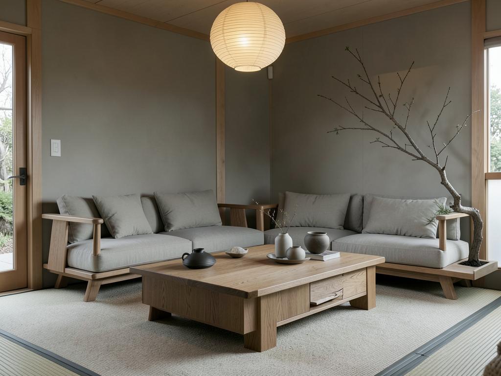 Japandi living room with low wooden furniture and a paper lantern