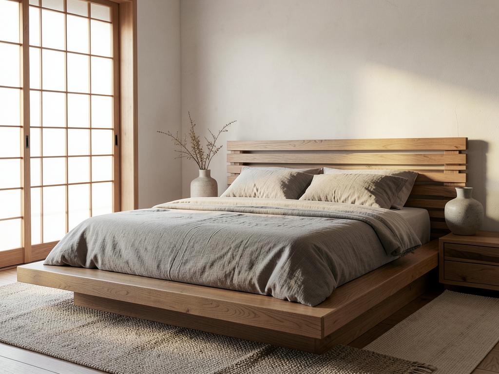 Japandi bedroom with low platform bed and oak slat headboard