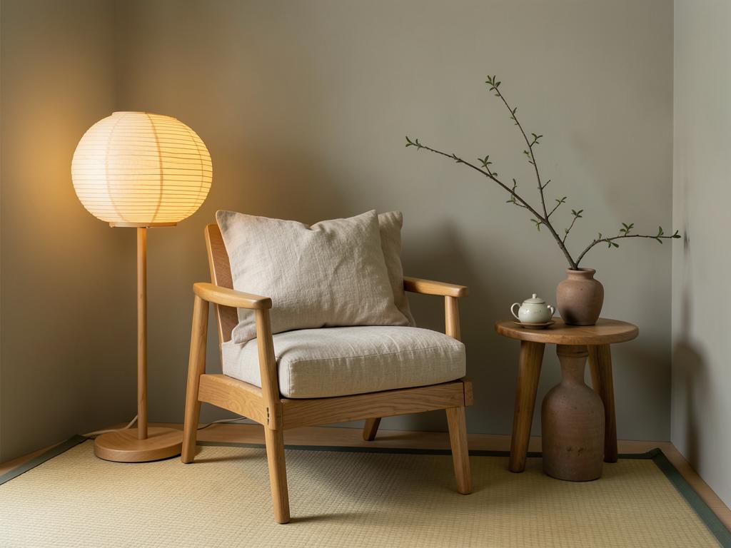 Japandi reading corner with low oak armchair, paper floor lamp and ikebana branch