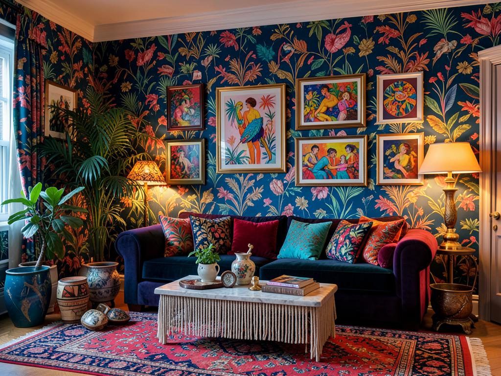 Maximalist living room with botanical wallpaper and a colorful gallery wall