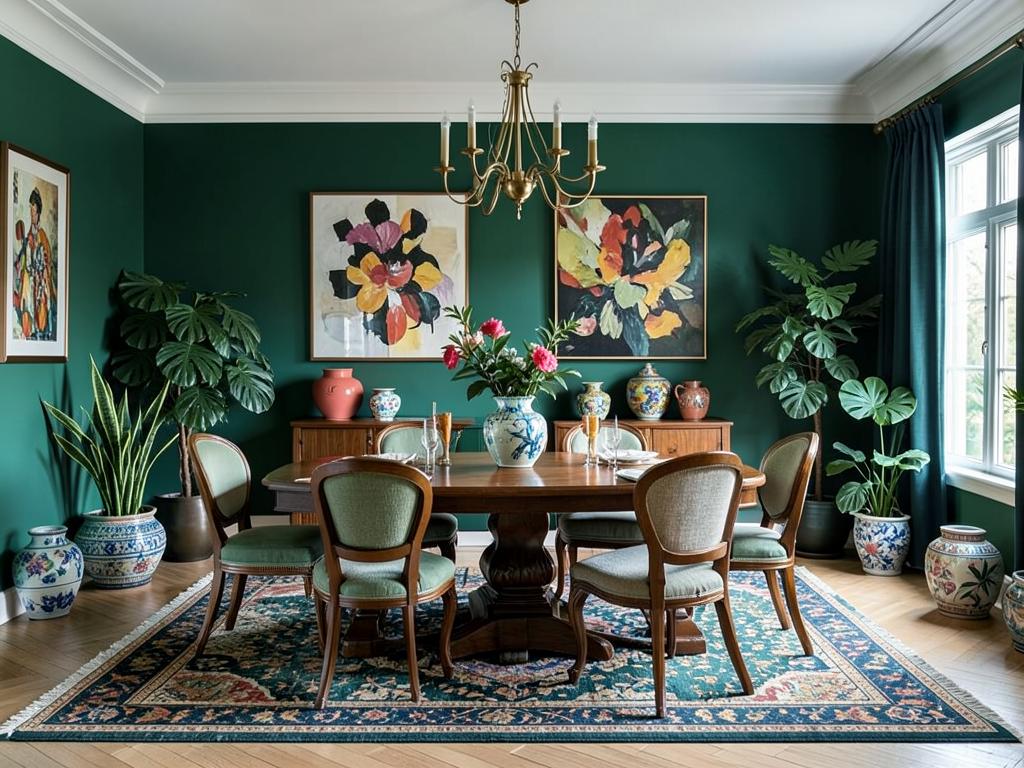Maximalist dining room with emerald walls and mixed vintage chairs