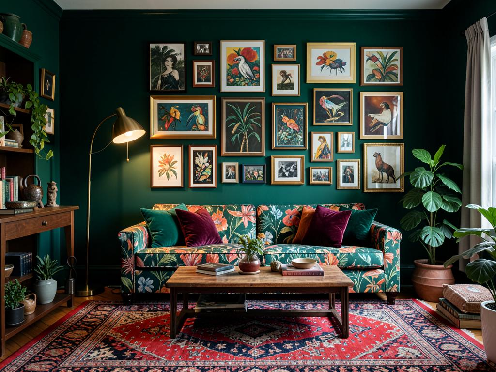 Maximalist living room with emerald walls, botanical sofa and dense gallery wall