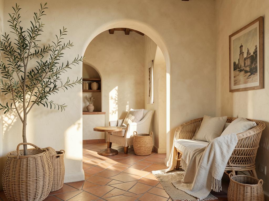 Mediterranean room with limewashed plaster walls, arch and terracotta floor