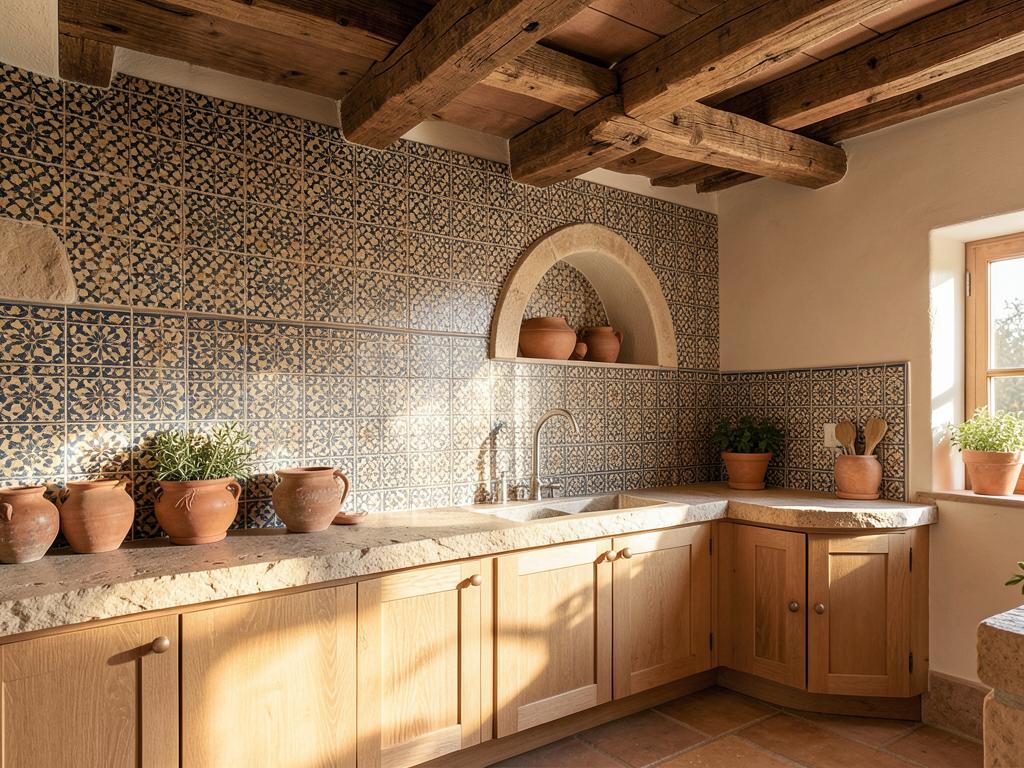 Mediterranean kitchen with patterned tile and natural stone counter