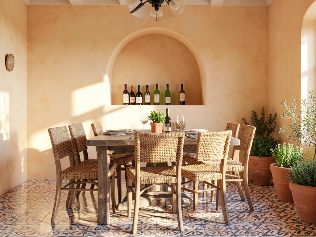 Mediterranean dining room with arched niche, rustic table and terracotta pots