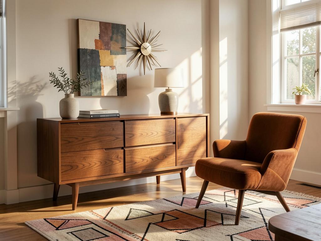Mid century modern living room with walnut credenza and burnt orange chair