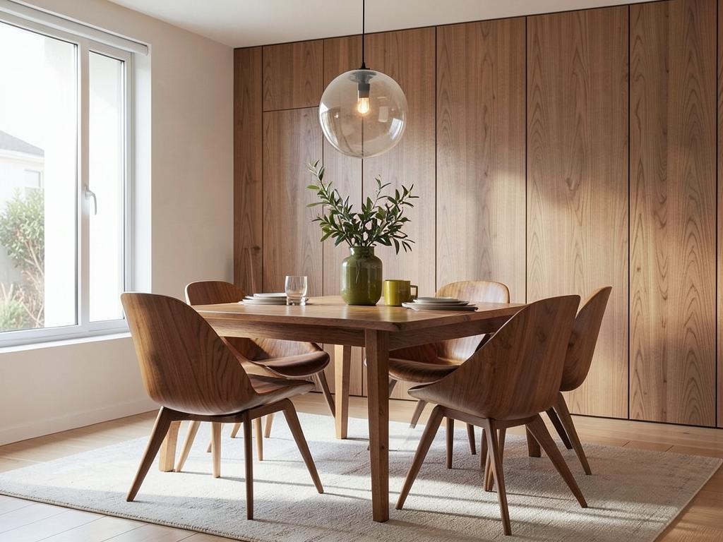 Mid century modern dining area with teak table and globe pendant