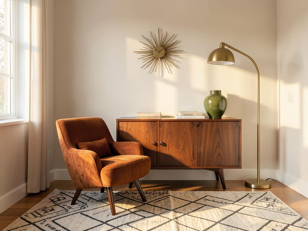 Mid century modern corner with walnut sideboard, orange chair and starburst clock