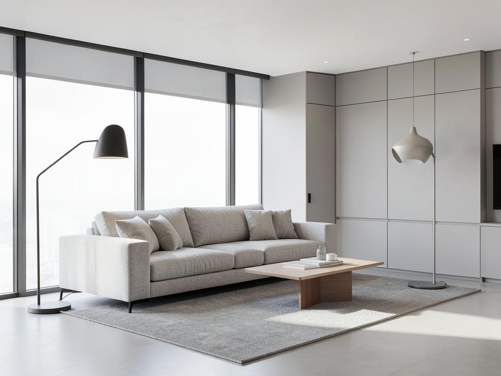 Modern living room with clean lines, neutral palette and large windows