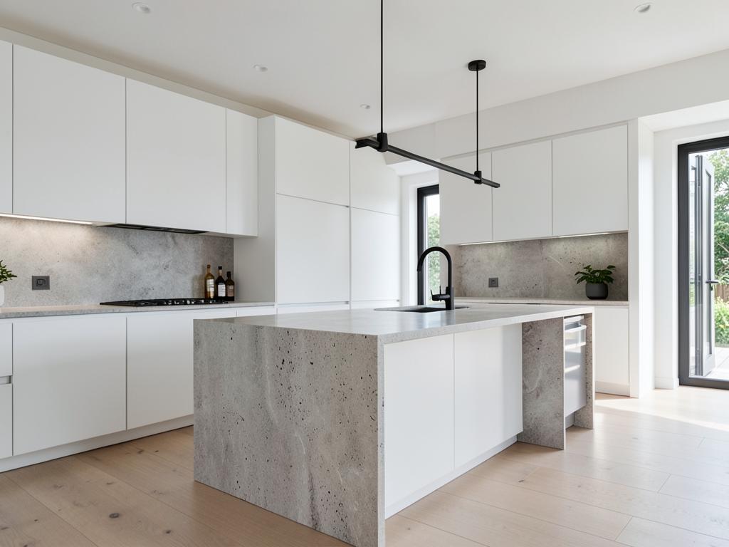 Modern kitchen with handleless cabinets and a stone waterfall island