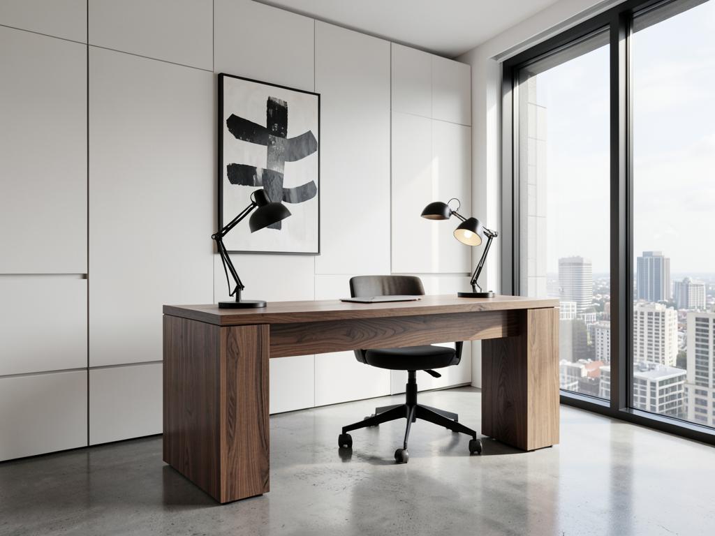 Modern home office with walnut desk, black task lamps and city view