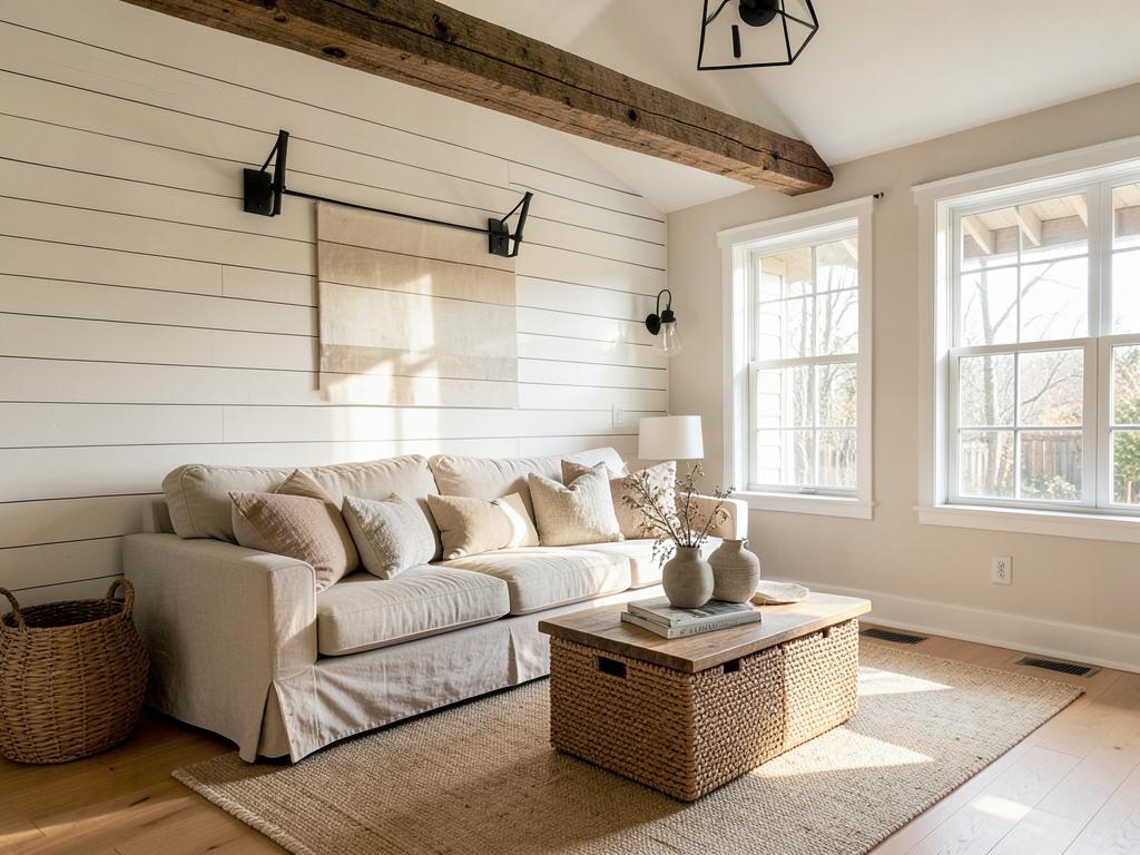 Modern farmhouse living room with shiplap wall and reclaimed beam