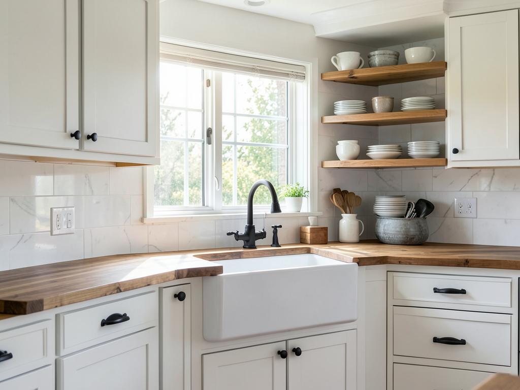 Modern farmhouse kitchen with apron sink and butcher block counter