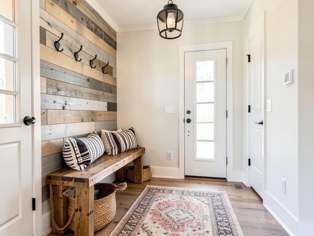 Modern farmhouse entryway with shiplap, wood bench and black lantern pendant