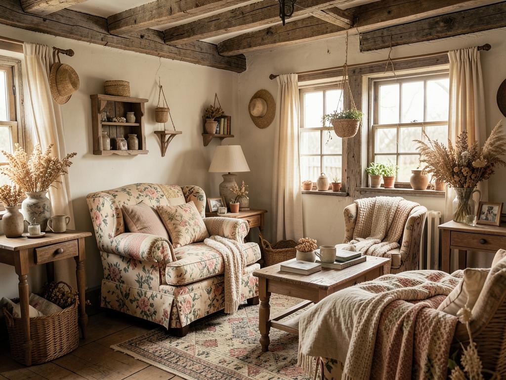 Cottagecore living room with floral armchair, beams and dried flowers
