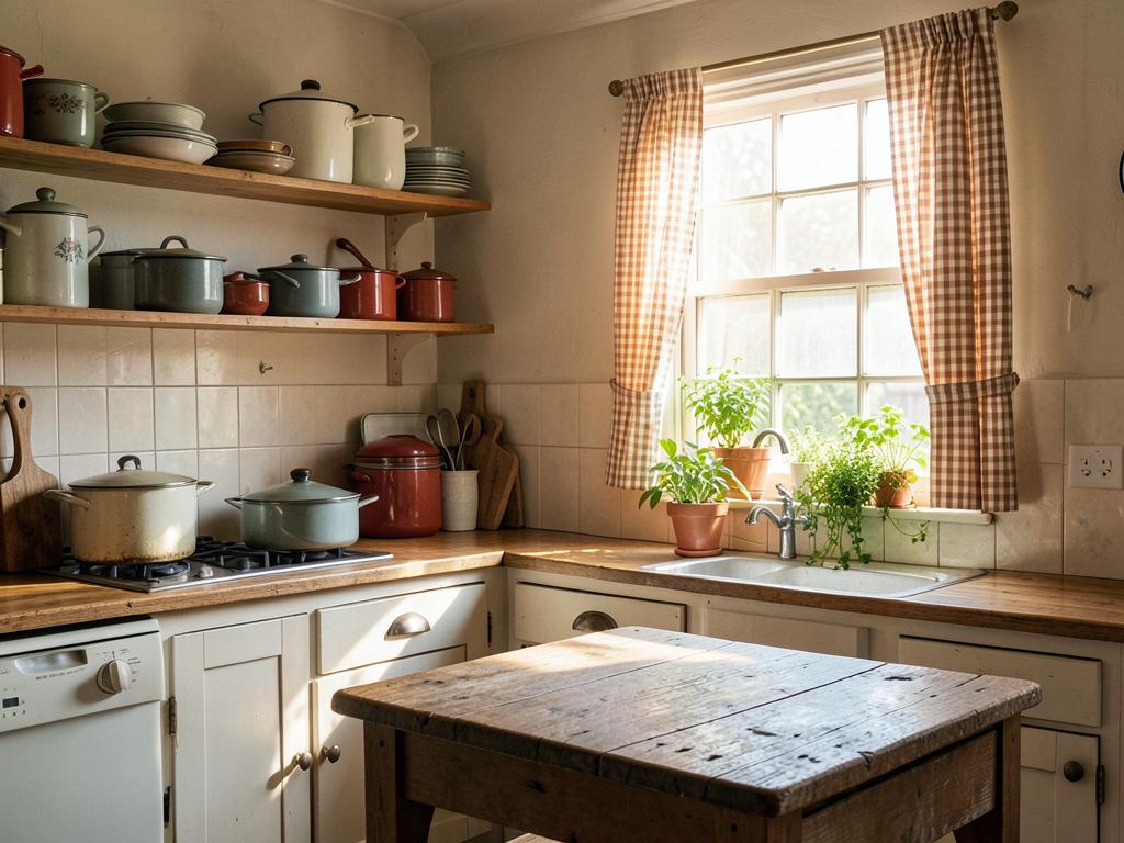 Cottage kitchen with vintage crockery, gingham curtain and herbs