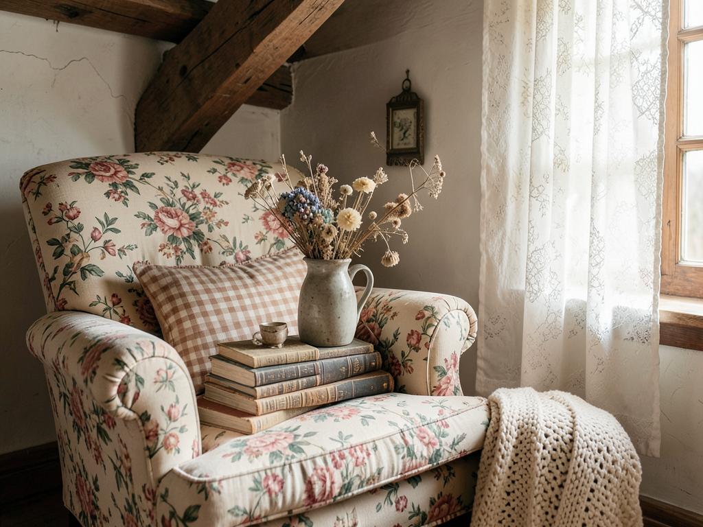 Cottagecore reading corner with floral armchair, dried flowers and old books