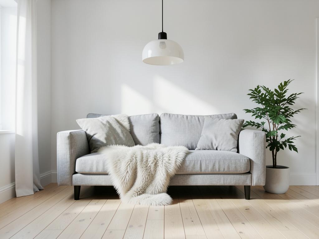 Scandinavian living room with pale oak floors, grey linen sofa and sheepskin throw