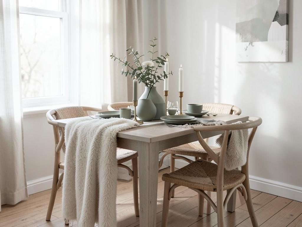Scandinavian dining nook with light ash table, wishbone chairs and candles