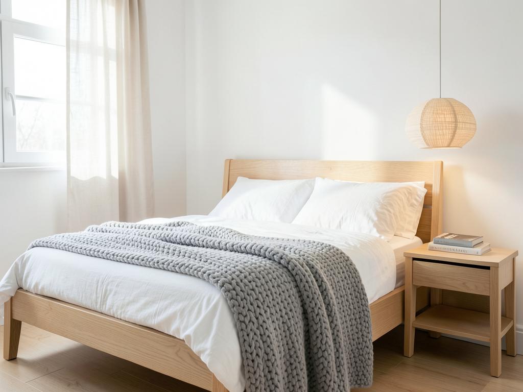 Scandinavian bedroom with pale oak bed, grey chunky knit throw and paper pendant lamp